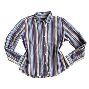 Y2k vtg Small Purple Blue Striped Stretch Button Down Shirt office siren preppy